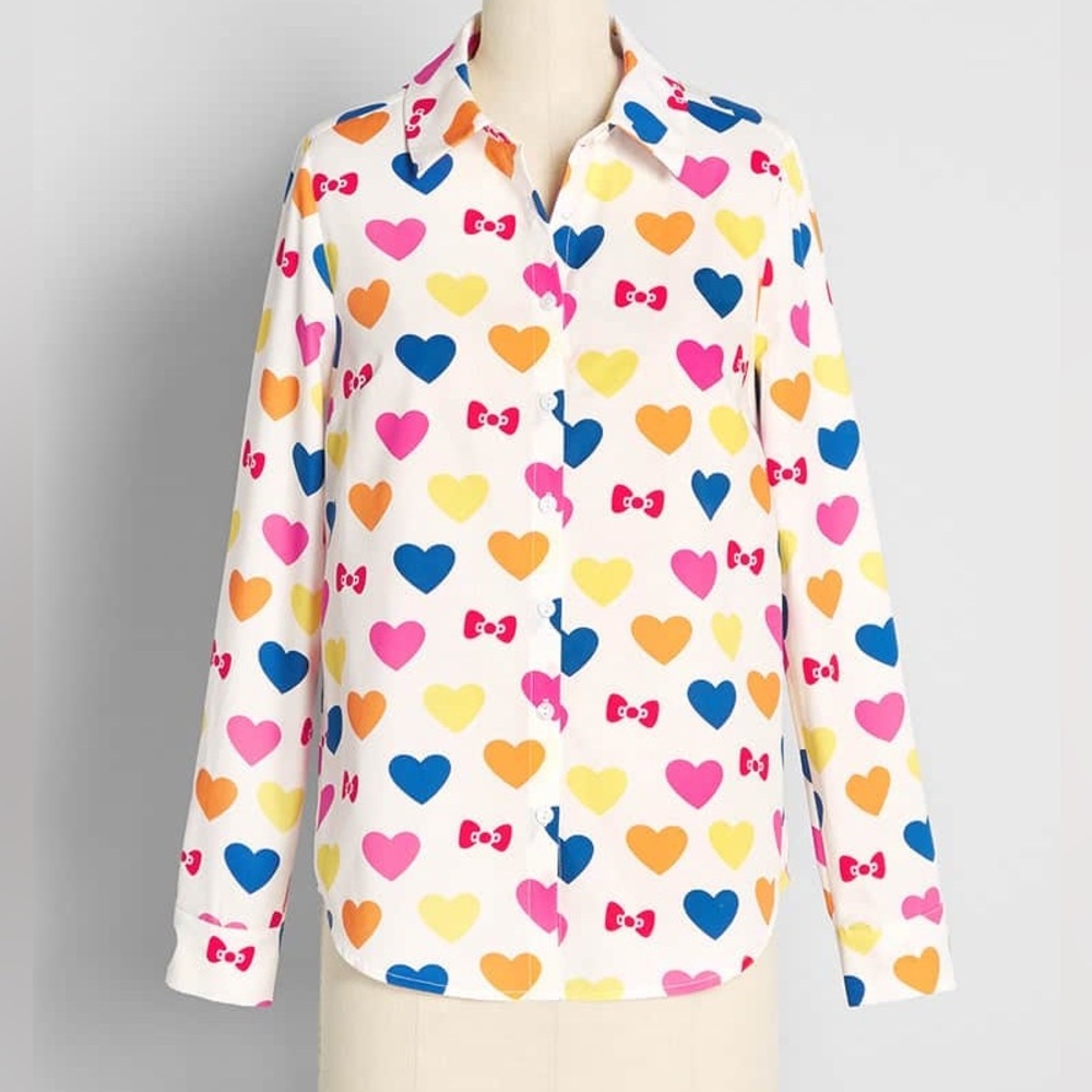 NWT ModCloth x Hello Kitty Supercute Love Button-Up Multicolor Cotton Top Size M